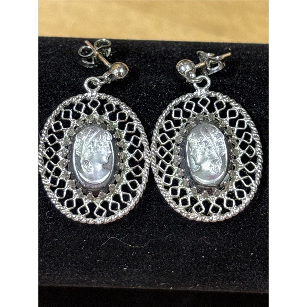 Vintage Silver Tone Faux Pearl Cameo Filigree Oval Dangle Post Earrings